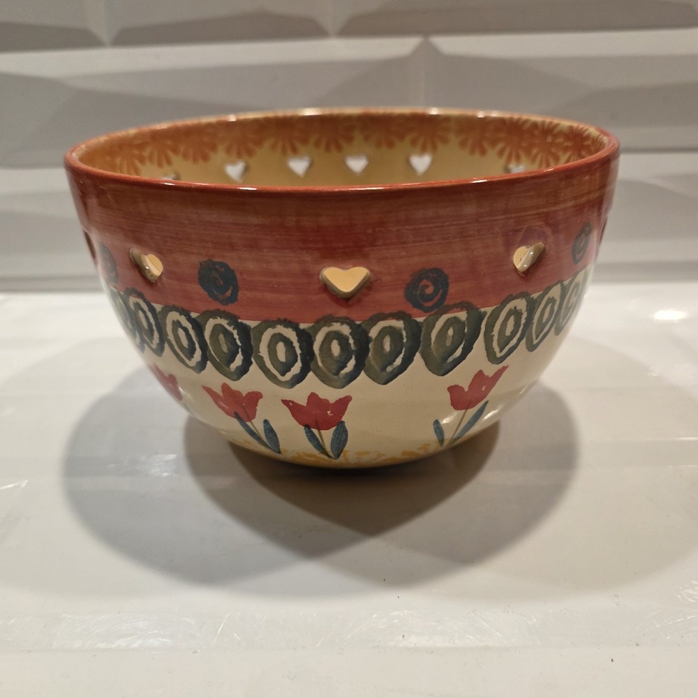 Made in Italy Ceramic Bowl Heart Cutouts, Hand painted Flowers, 7", Beautiful!